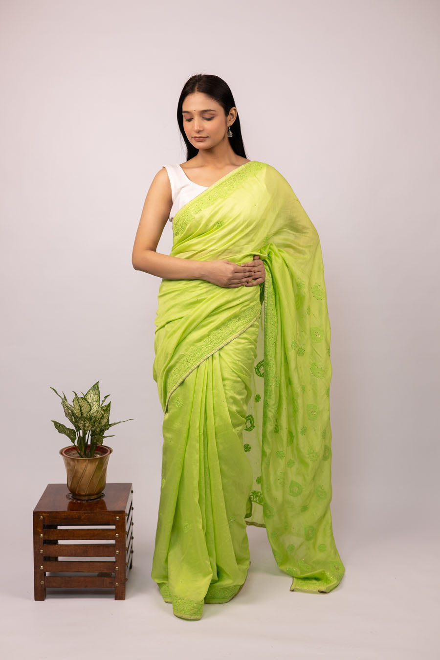 Green Chanderi silk saree with Mukeish work and chikankari