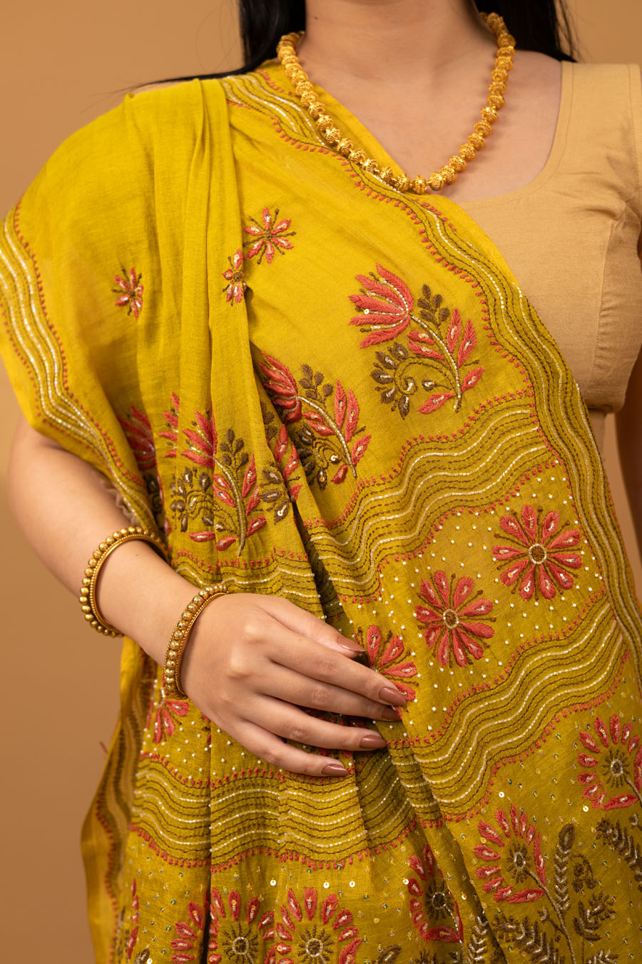 Chitralekha | Mehndi Green Chanderi Tissue Silk Chikankari Saree