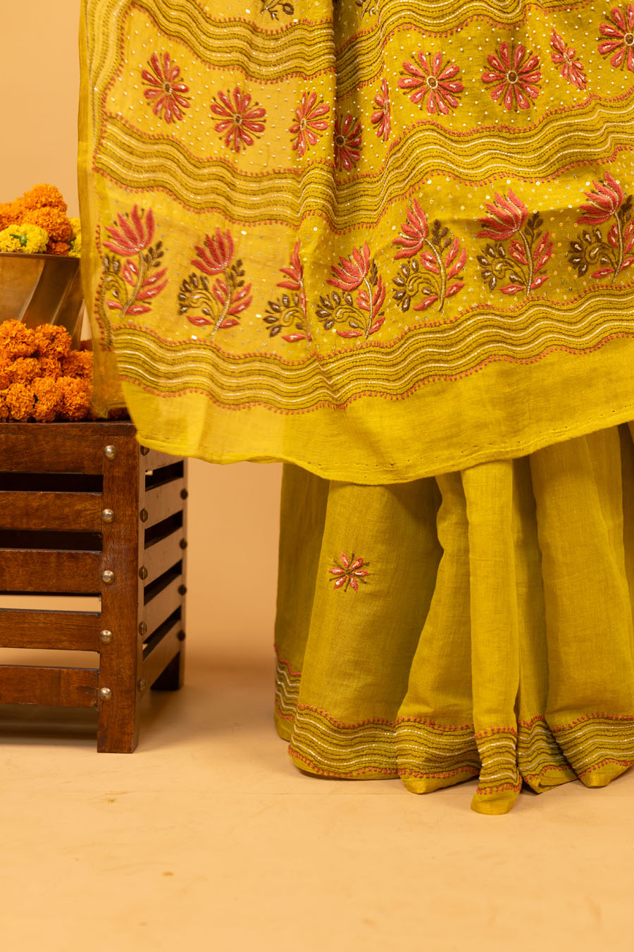 Chitralekha | Mehndi Green Chanderi Tissue Silk Chikankari Saree