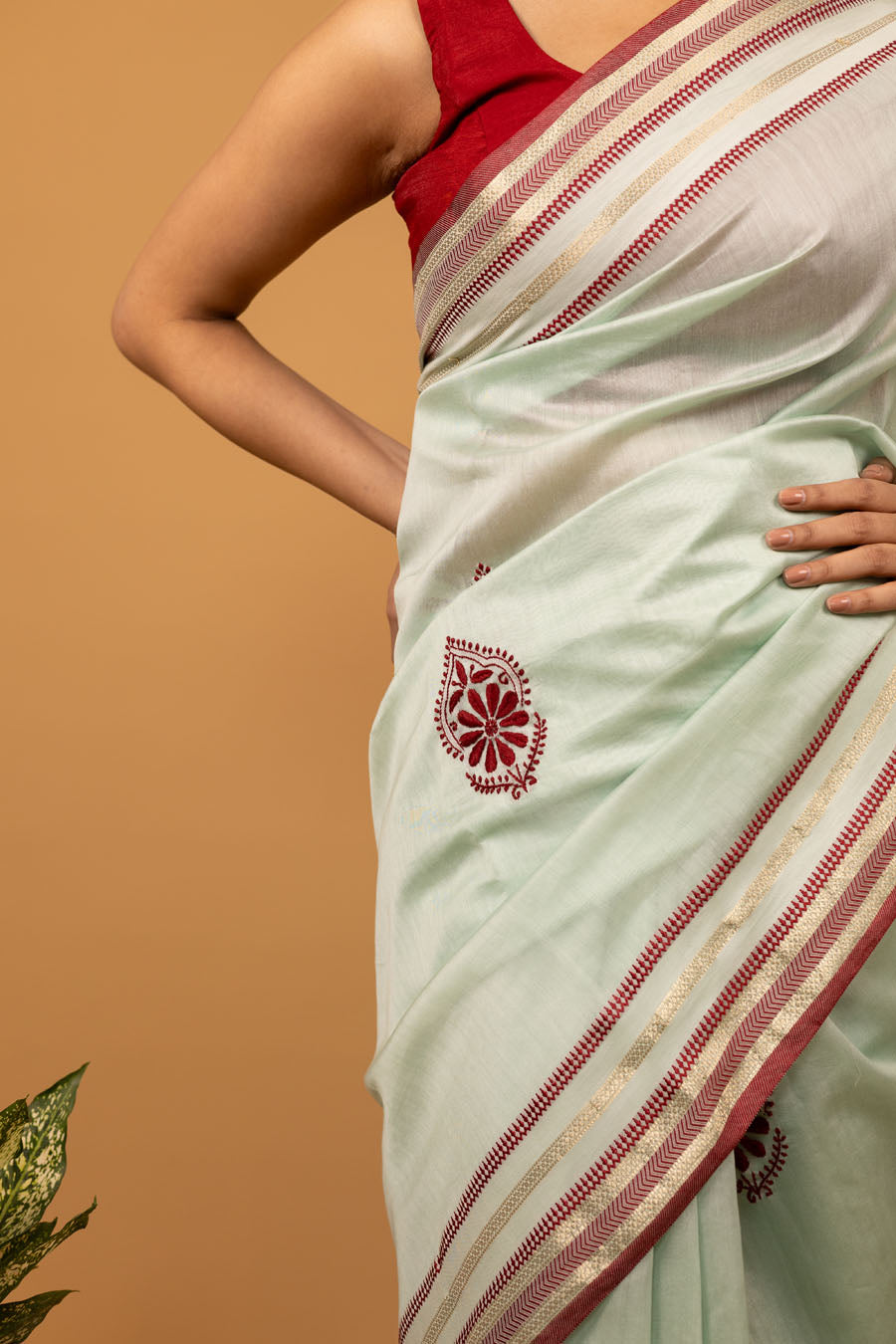 Vidushi | Soft Sage Green Mangalgiri Cotton Chikankari Saree