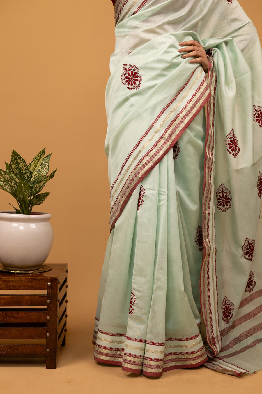 Vidushi | Soft Sage Green Mangalgiri Cotton Chikankari Saree