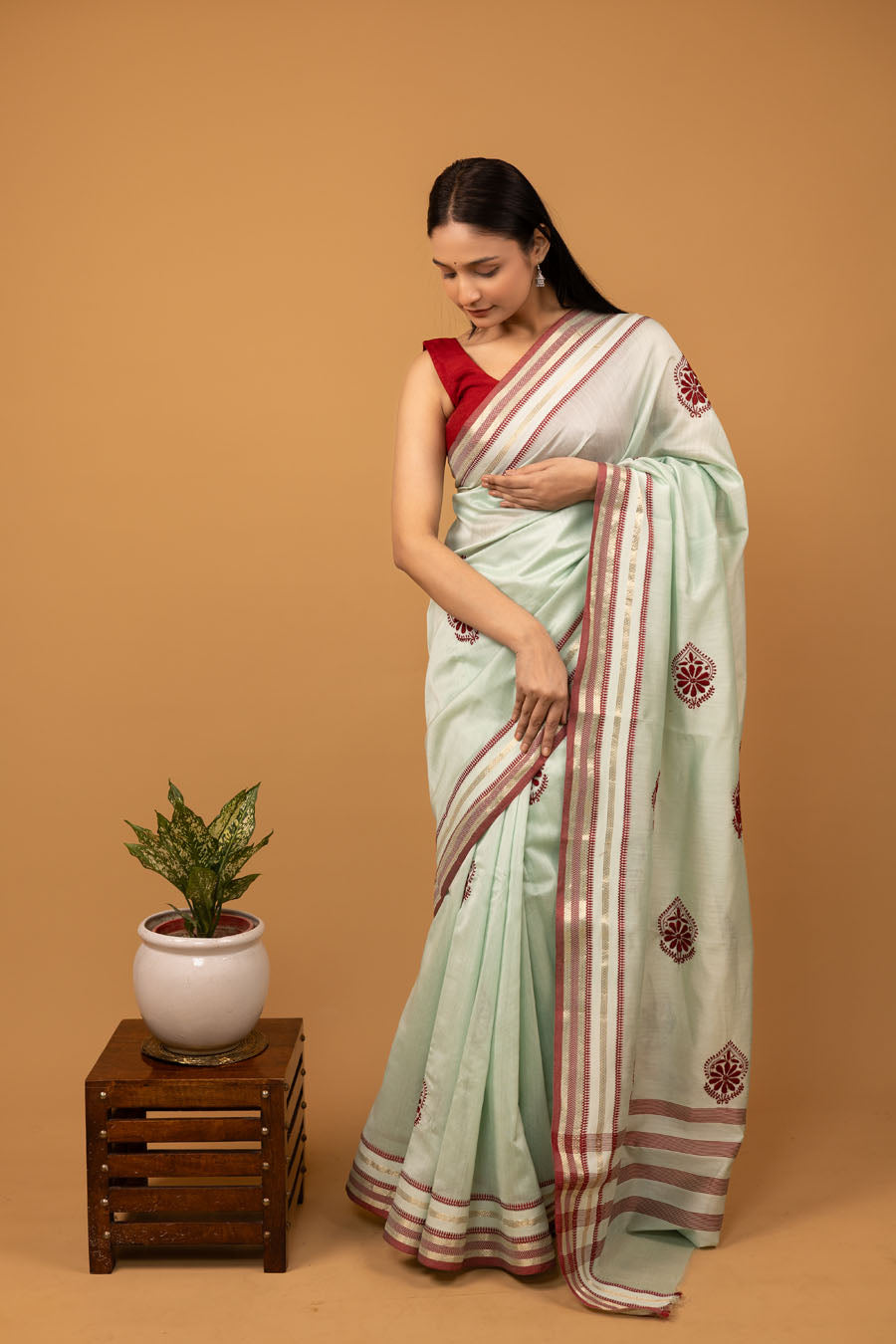 Vidushi | Soft Sage Green Mangalgiri Cotton Chikankari Saree