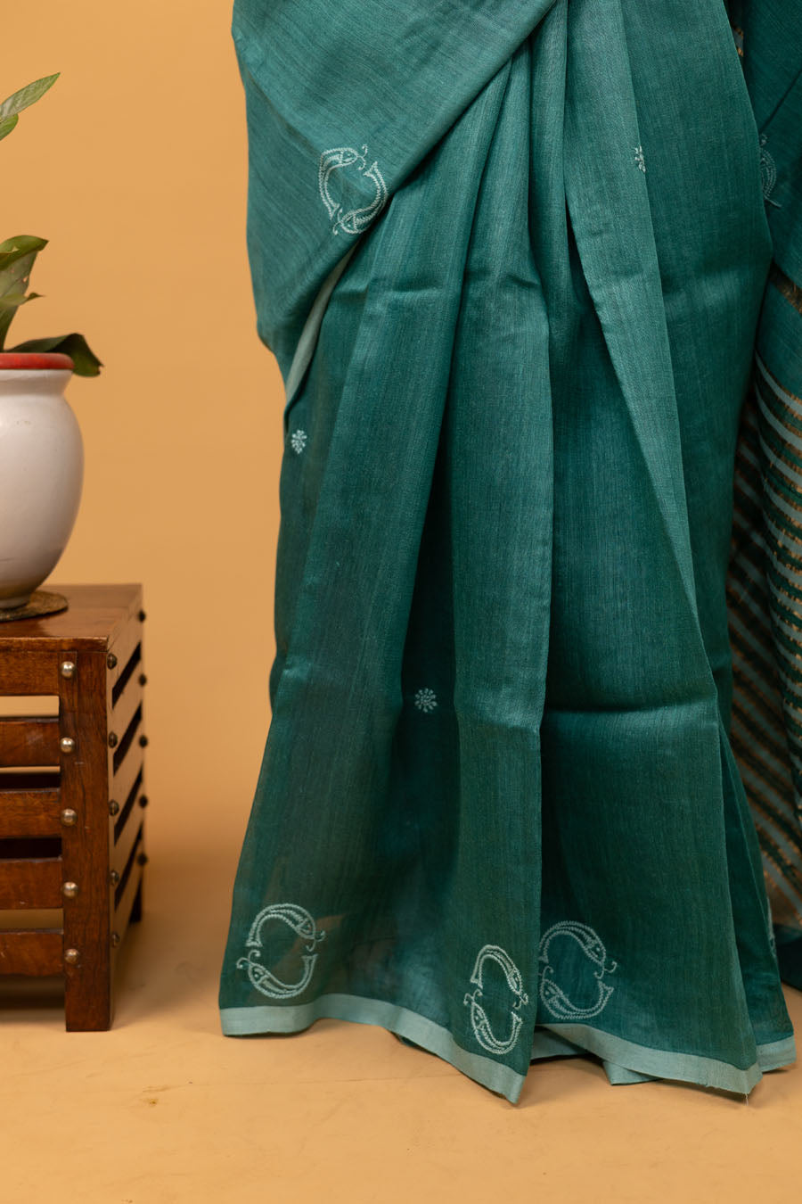 Urvashi | Seafoam Rama Green Tussar Moonga Silk Chikankari Saree