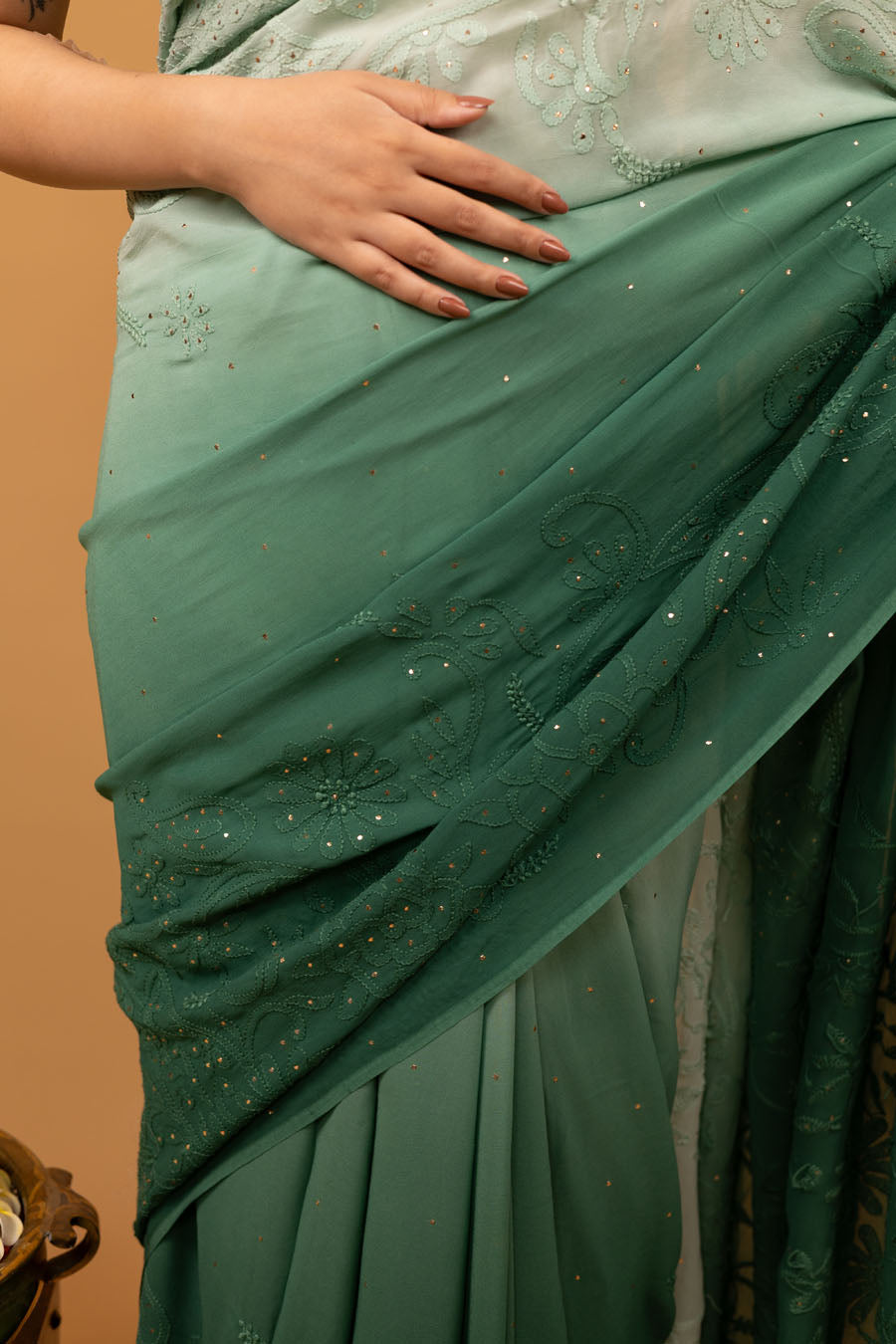  Ombre Green Viscose Georgette Saree with Mukeish work 