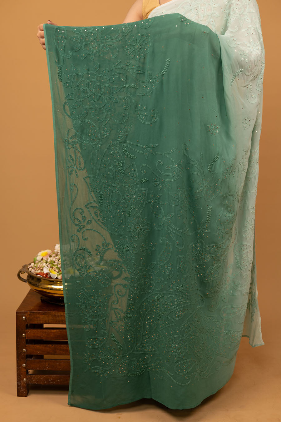 Chitralekha | Fern Green Viscose Georgette Chikankari Ombre Saree