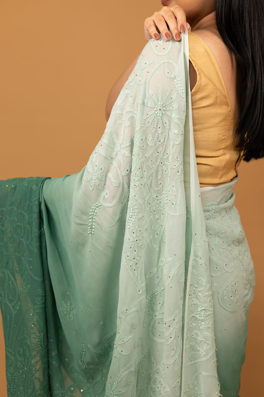 Chitralekha | Fern Green Viscose Georgette Chikankari Ombre Saree