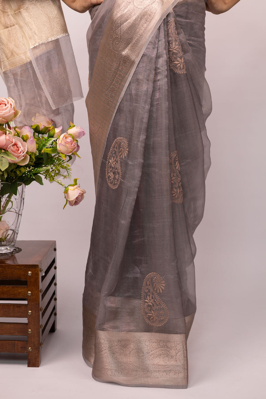 Chitralekha | Grey Rose Gold Benarsi Tissue Silk Chikankari Saree