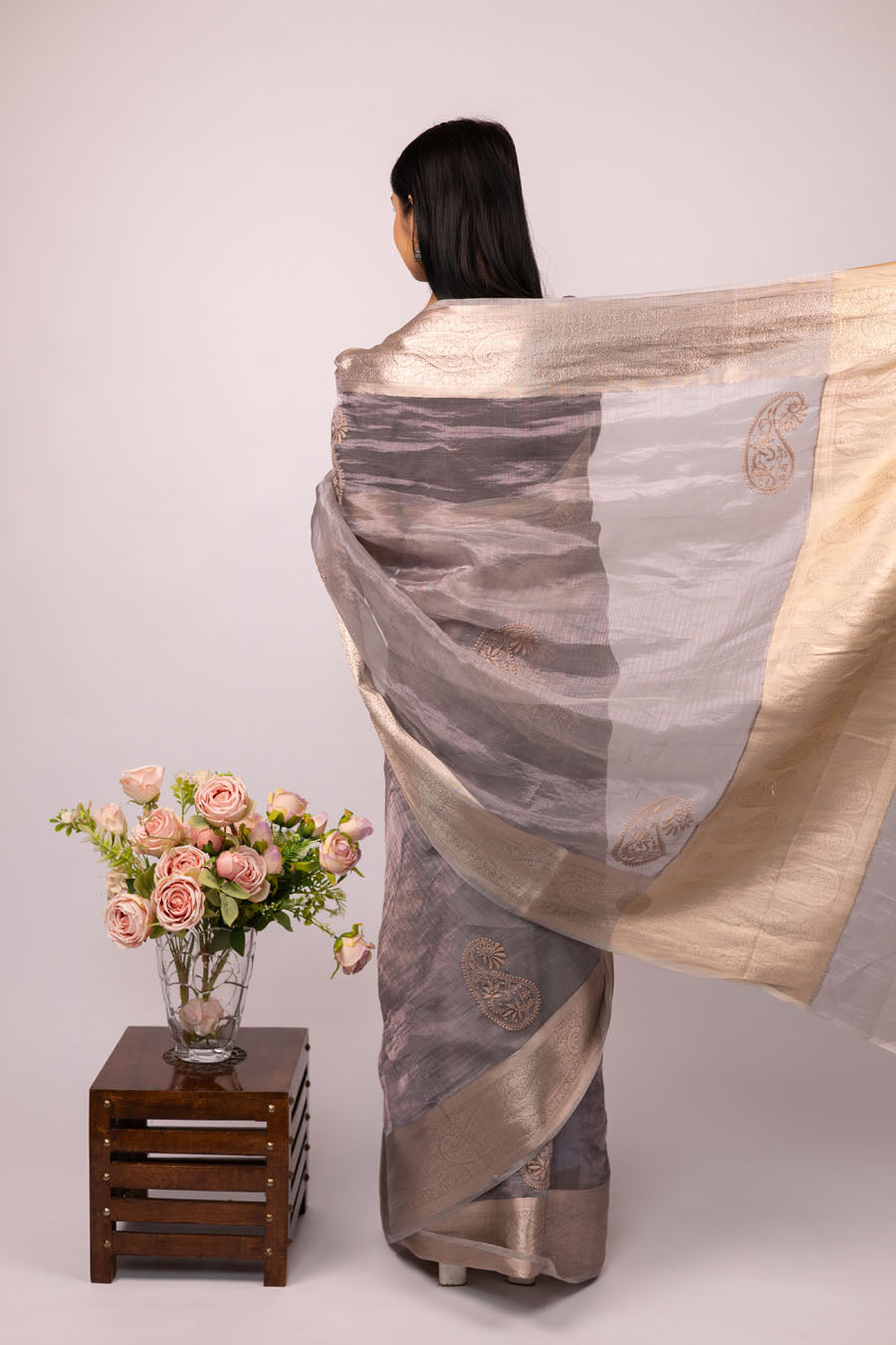 Chitralekha | Grey Rose Gold Benarsi Tissue Silk Chikankari Saree