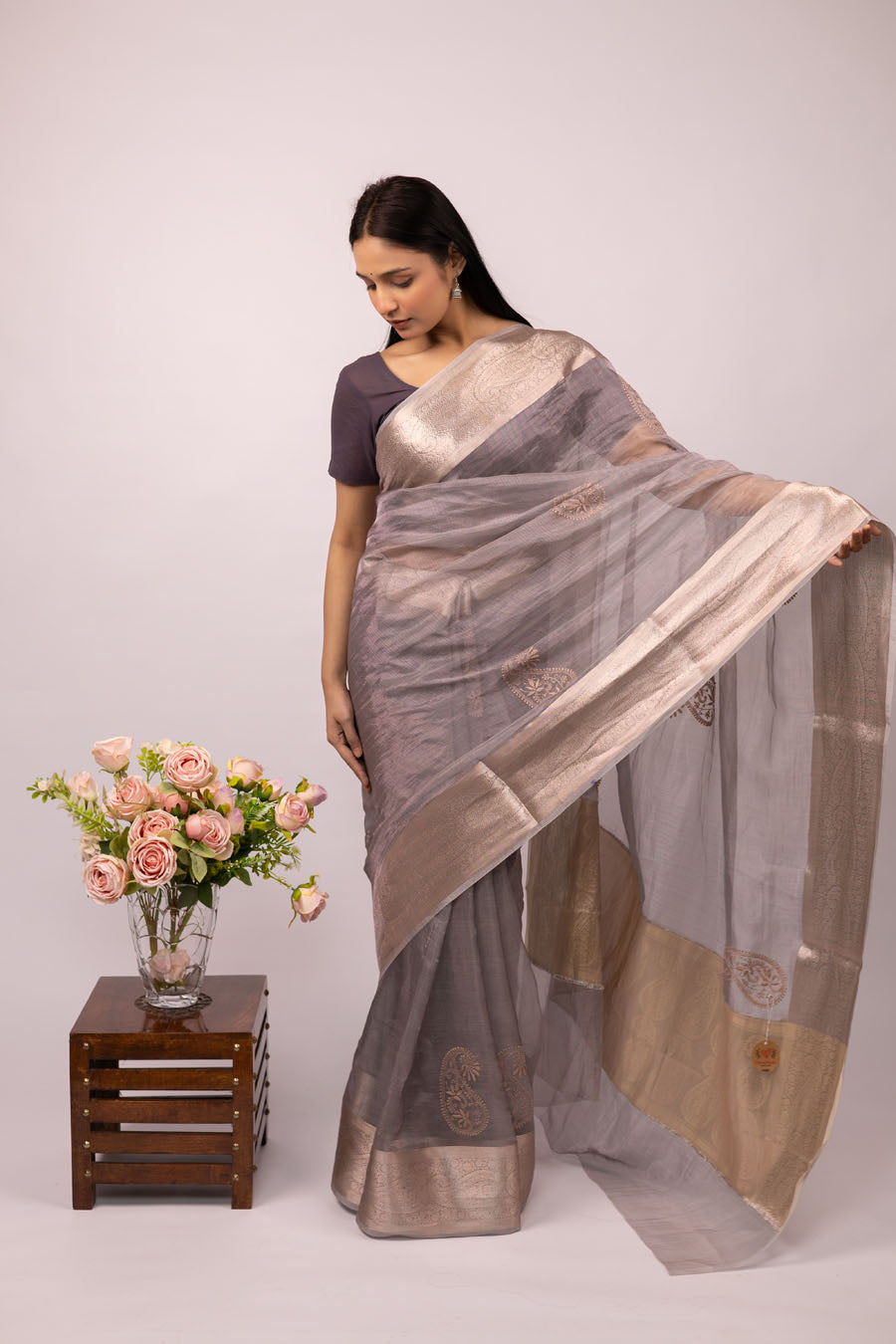 Chitralekha | Grey Rose Gold Benarsi Tissue Silk Chikankari Saree