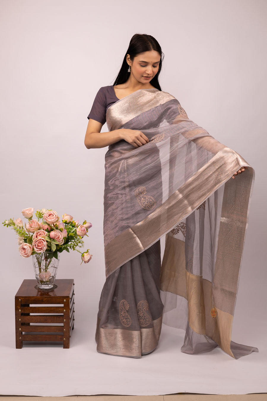 Benarsi Tissue Organza saree with heavy brocade pallu and fusion of Chikankari emnbroidery making it extraordinary