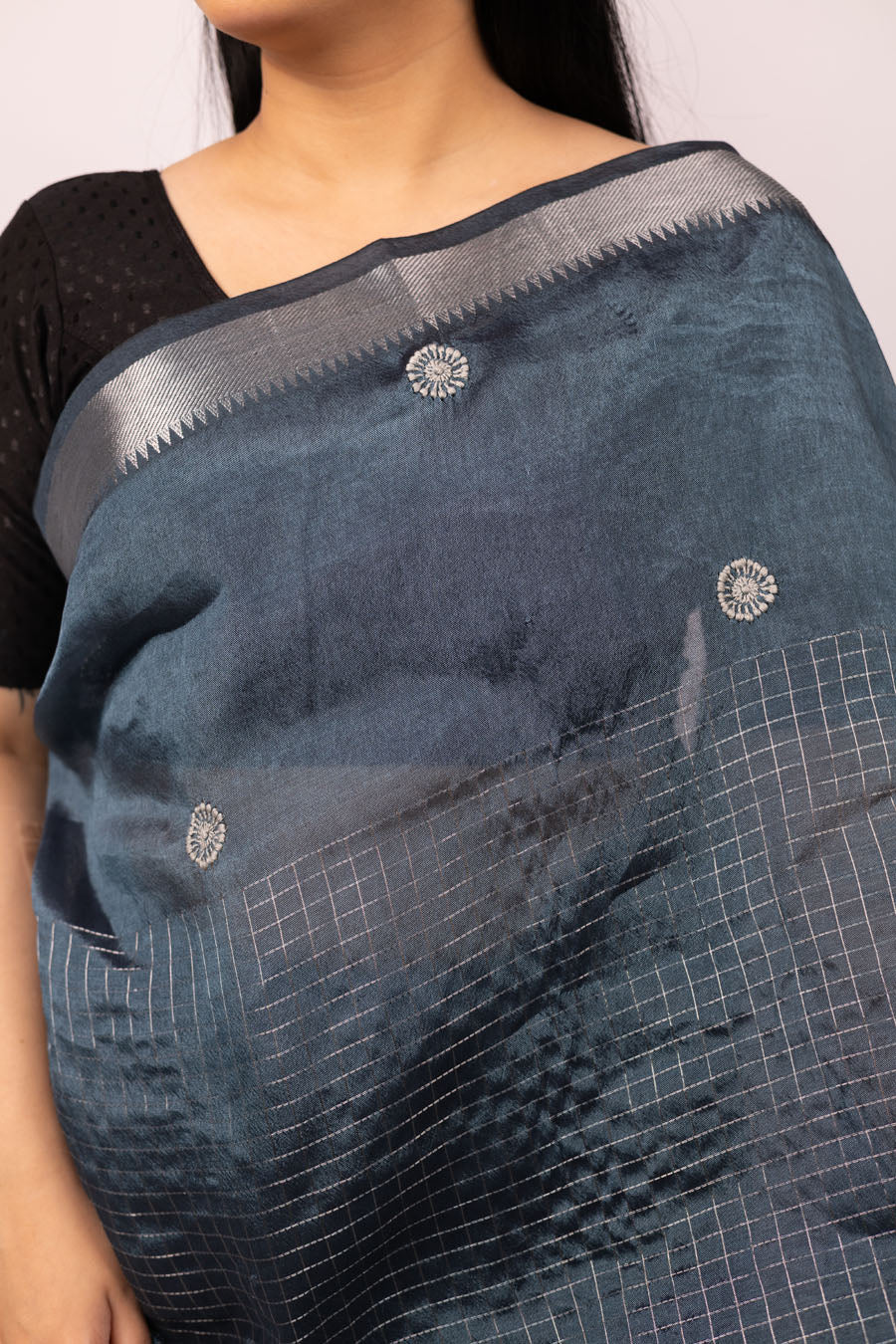 Vidushi | Graceful Grey Mangalgiri Pattu Silk Chikankari Saree