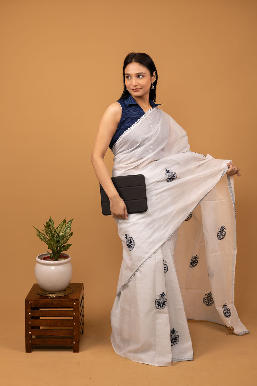 Office wear grey mul cotton  chikankari saree