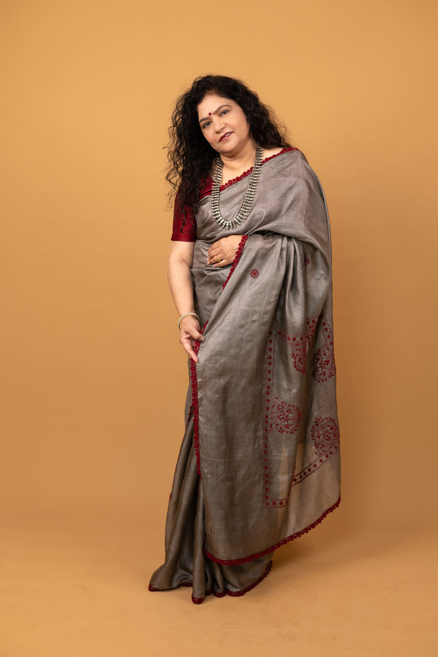 Urvashi | Charcoal Grey Tussar Silk Chikankari Saree