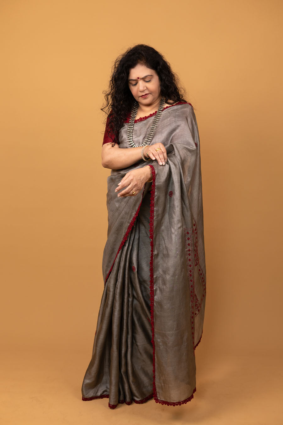 Urvashi | Charcoal Grey Tussar Silk Chikankari Saree