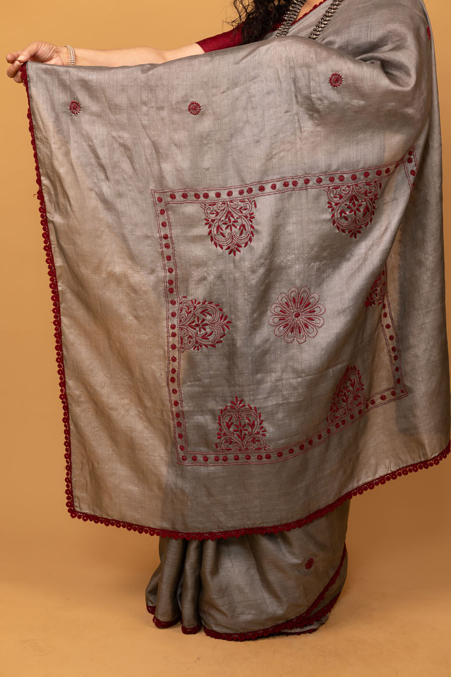 Urvashi | Charcoal Grey Tussar Silk Chikankari Saree