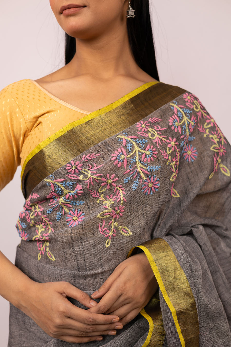Vidushi | Grey Yellow Linen Saree with Chikankari Embroidery