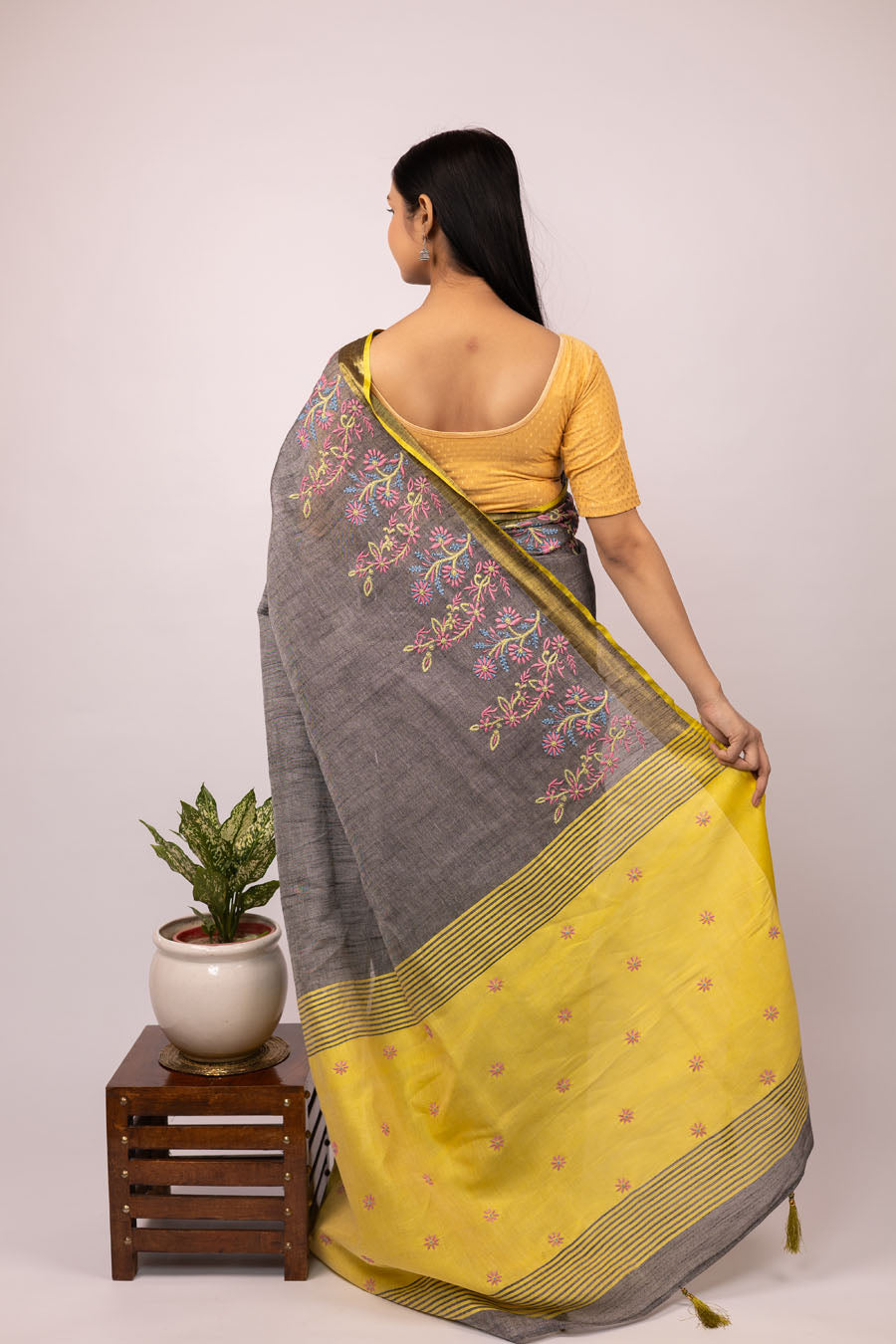 Vidushi | Grey Yellow Linen Saree with Chikankari Embroidery