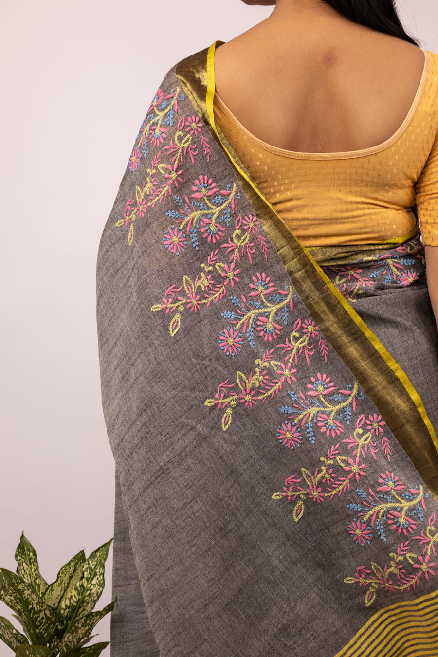 Vidushi | Grey Yellow Linen Saree with Chikankari Embroidery
