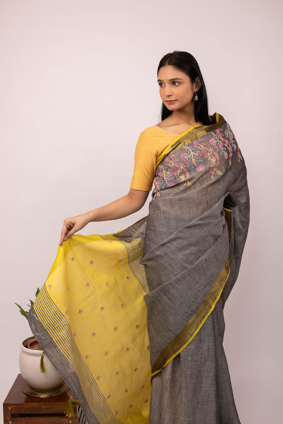 Linen Chikankari saree in yellow grey shade