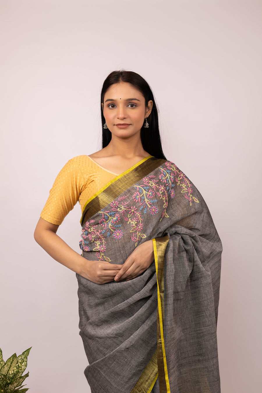Vidushi | Grey Yellow Linen Saree with Chikankari Embroidery