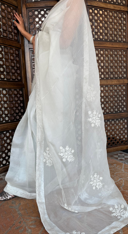 Organza Silk Chikankari Saree ( cloud grey )