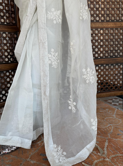 Organza Silk Chikankari Saree ( cloud grey )