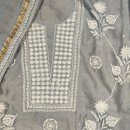Chanderi Silk Kurta Fabric with Addons and Dupatta- Dyeable (Grey)