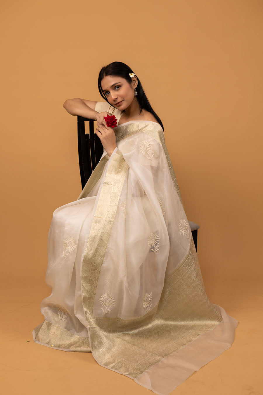 Chitralekha | Ivory Antique Gold Benarsi Organza Silk Chikankari Saree
