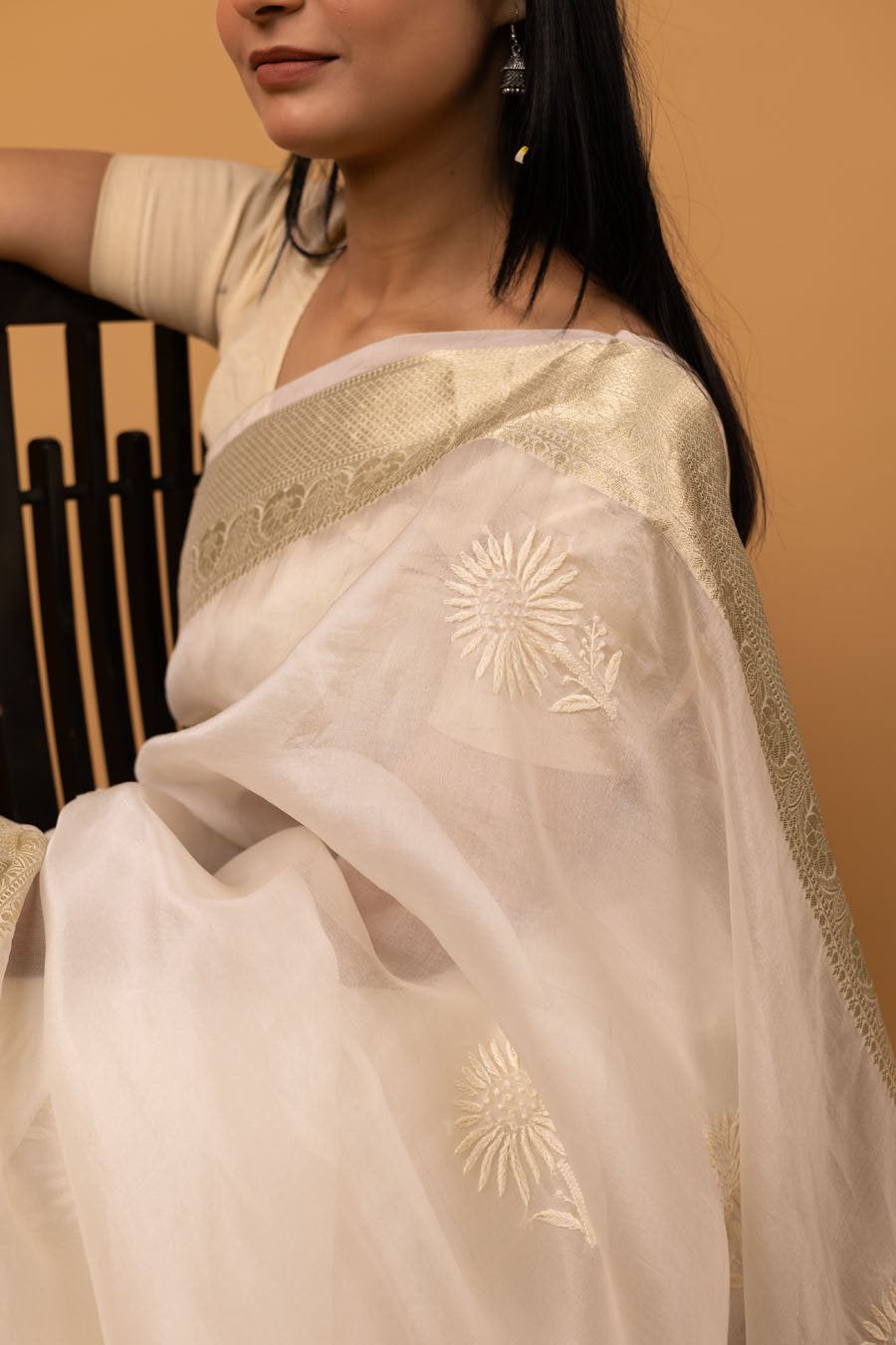 Chitralekha | Ivory Antique Gold Benarsi Organza Silk Chikankari Saree