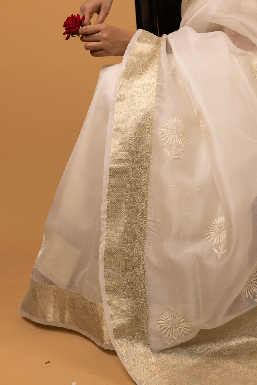 Chitralekha | Ivory Antique Gold Benarsi Organza Silk Chikankari Saree