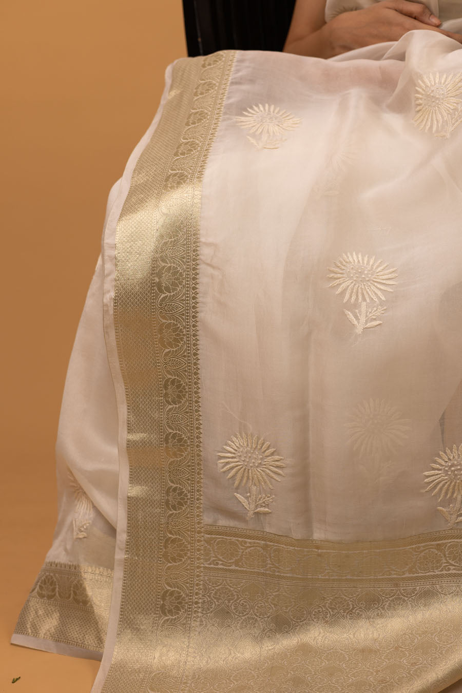 Chitralekha | Ivory Antique Gold Benarsi Organza Silk Chikankari Saree