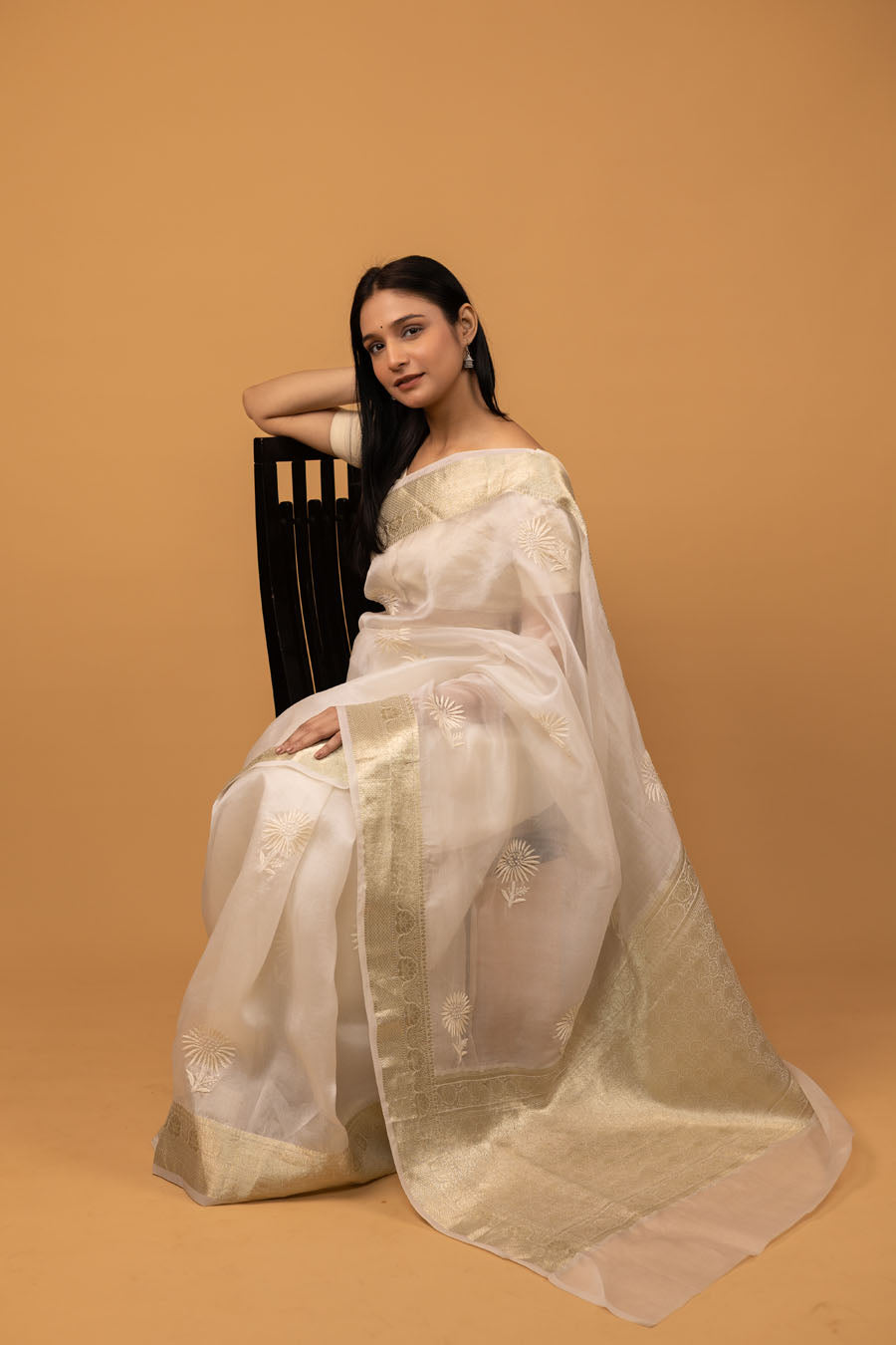 Chitralekha | Ivory Antique Gold Benarsi Organza Silk Chikankari Saree