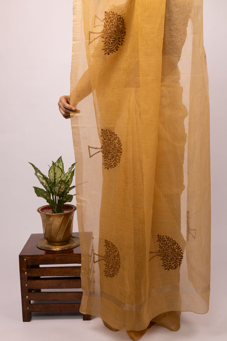 Vidushi | Ombre Yellow Brown Kotadoriya Cotton Chikankari Saree