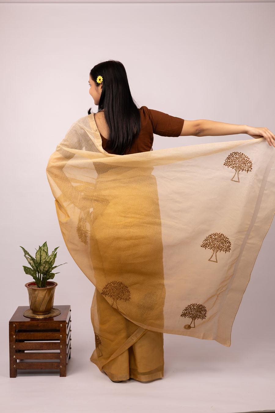 Vidushi | Ombre Yellow Brown Kotadoriya Cotton Chikankari Saree