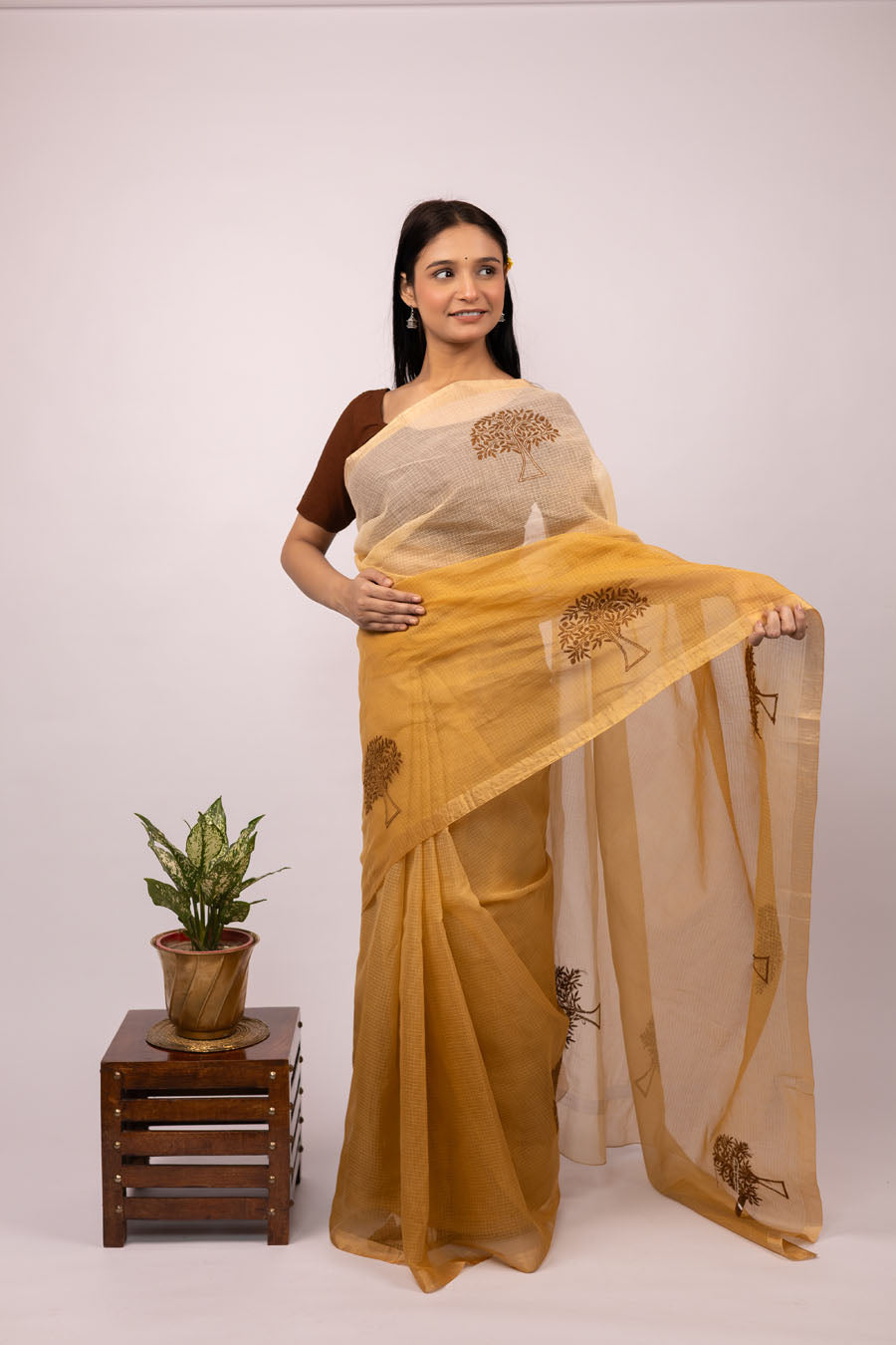Ombre Yellow Brown Kotadoriya Cotton Saree with Delicate Chikankari bootas perfect for summers