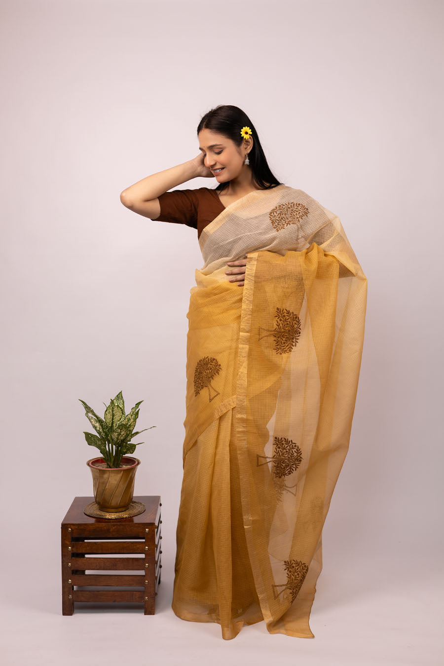 Ombre Yellow Brown Kotadoriya Cotton Saree with Delicate Tree motifs Chikankari bootas