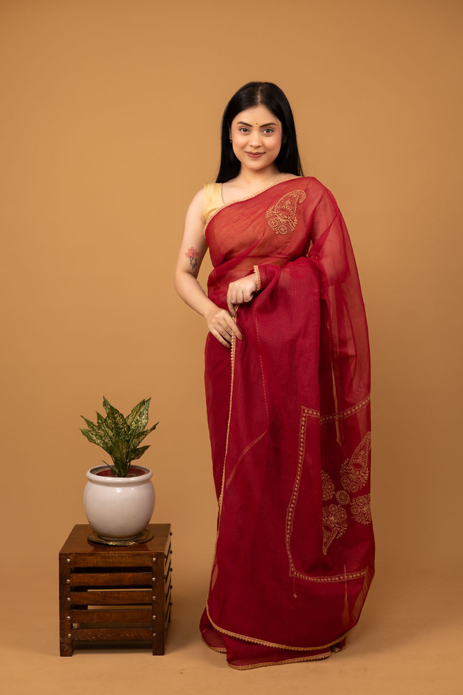 Maroon Kotadoriya cotton saree with Lucknavi Chikankari embroidery front view