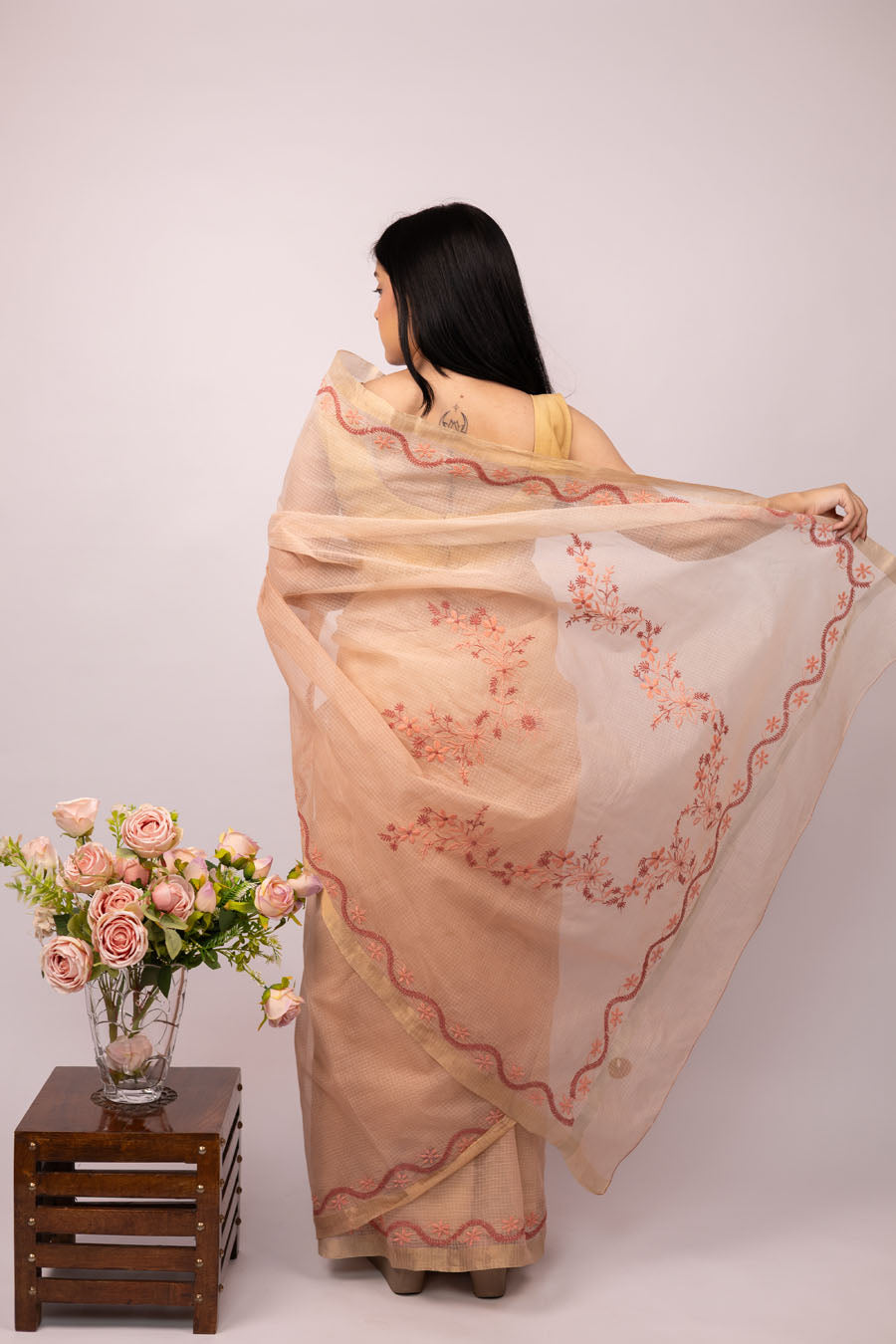 Blush Peach Kotadoriya Cotton Saree with Delicate Chikankari bootas beautiful Pallu