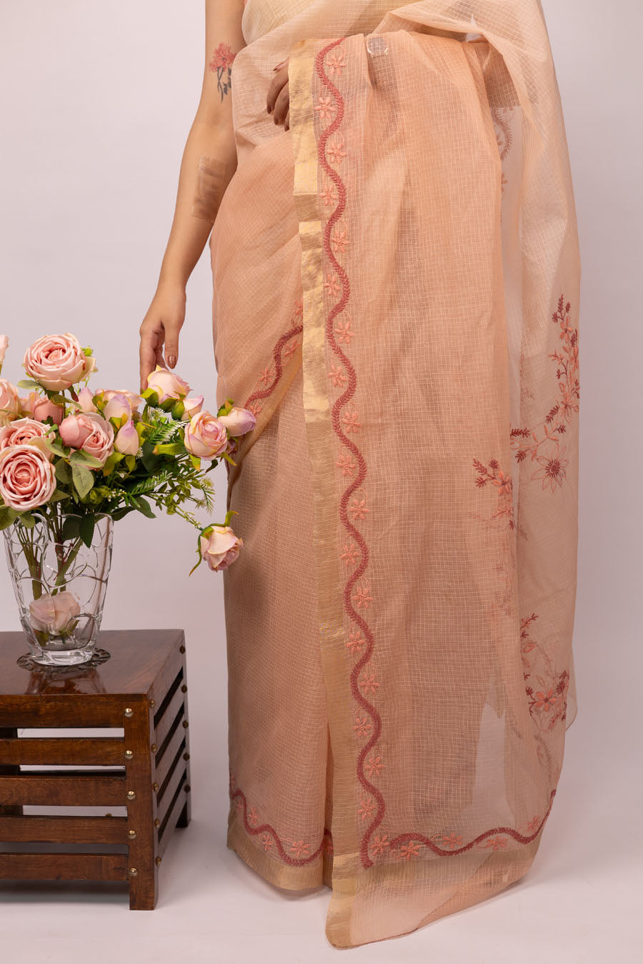 Vidushi | Blush Peach Kotadoriya Cotton Chikankari Saree
