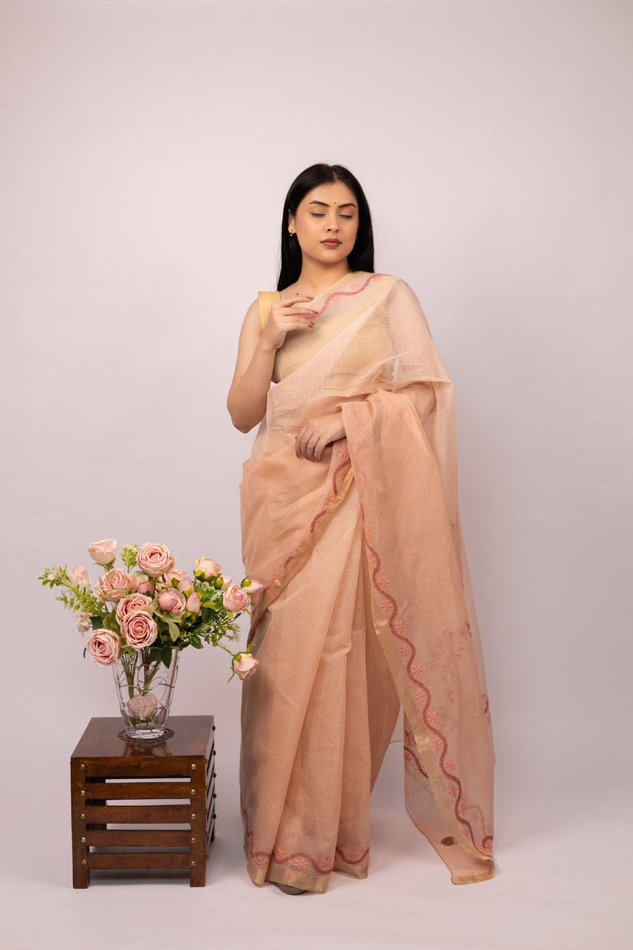 Vidushi | Blush Peach Kotadoriya Cotton Chikankari Saree