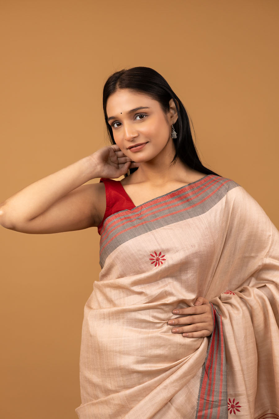 Urvashi | Coral Peach Tussar Moonga Silk Chikankari Saree