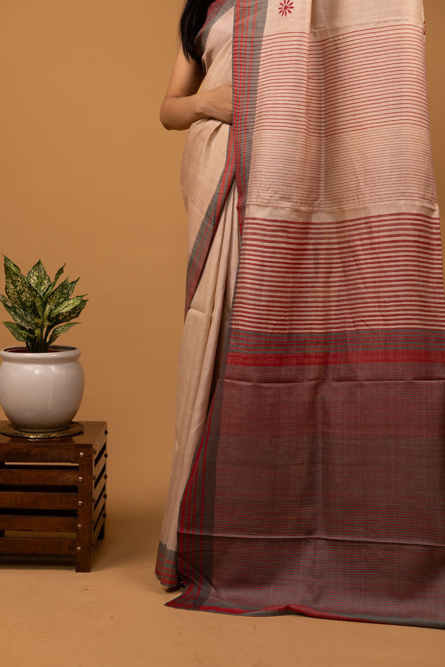 Urvashi | Coral Peach Tussar Moonga Silk Chikankari Saree