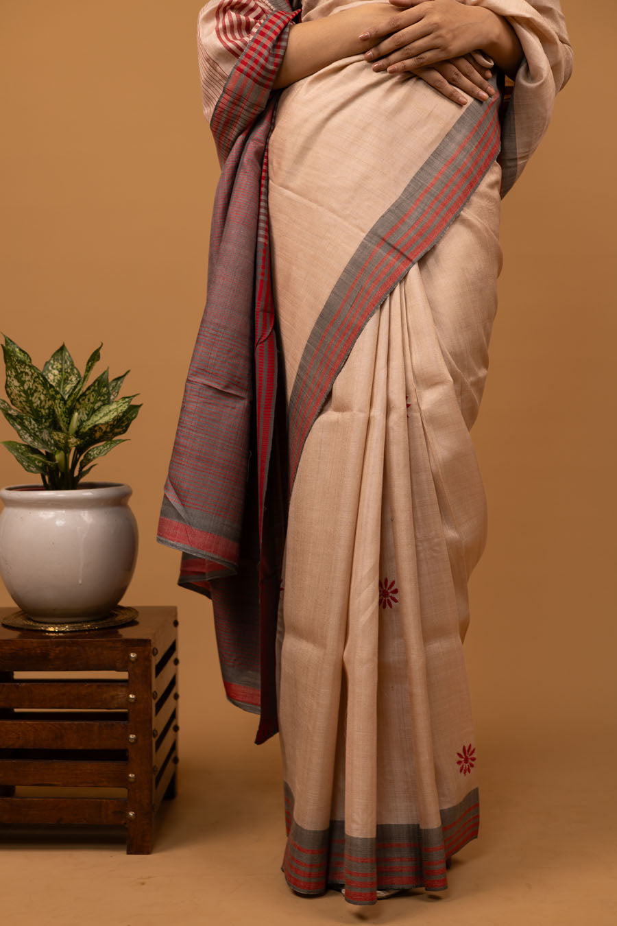 Urvashi | Coral Peach Tussar Moonga Silk Chikankari Saree