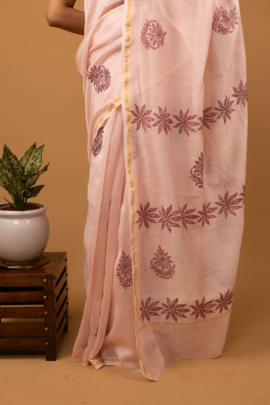Vidushi | Rose Gold Chanderi Silk Chikankari Saree