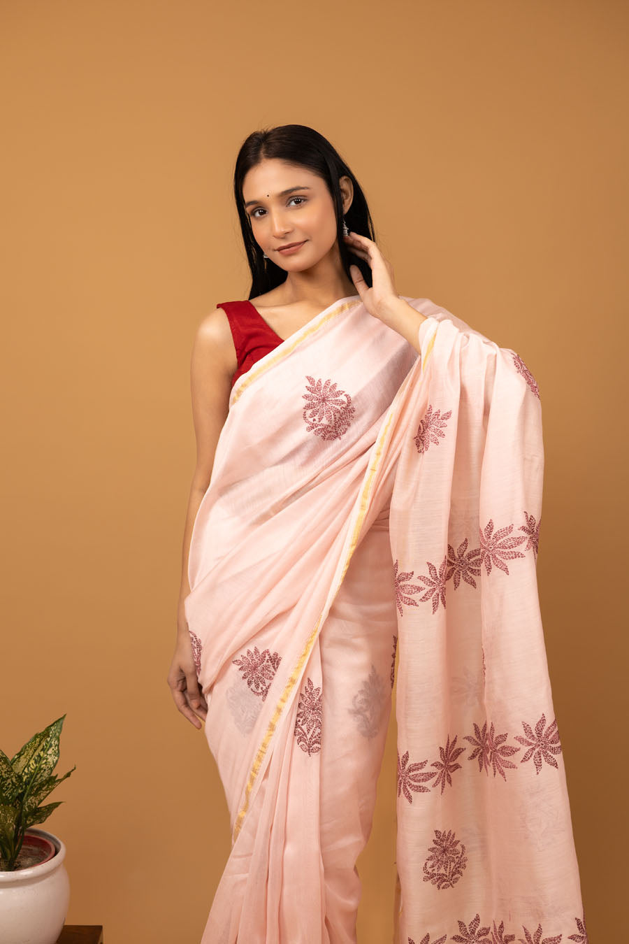 Rose Gold Chanderi Silk Saree with intricate Chikankari