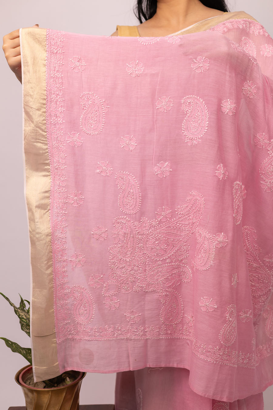 Urvashi | Pink Chanderi Silk Chikankari Saree