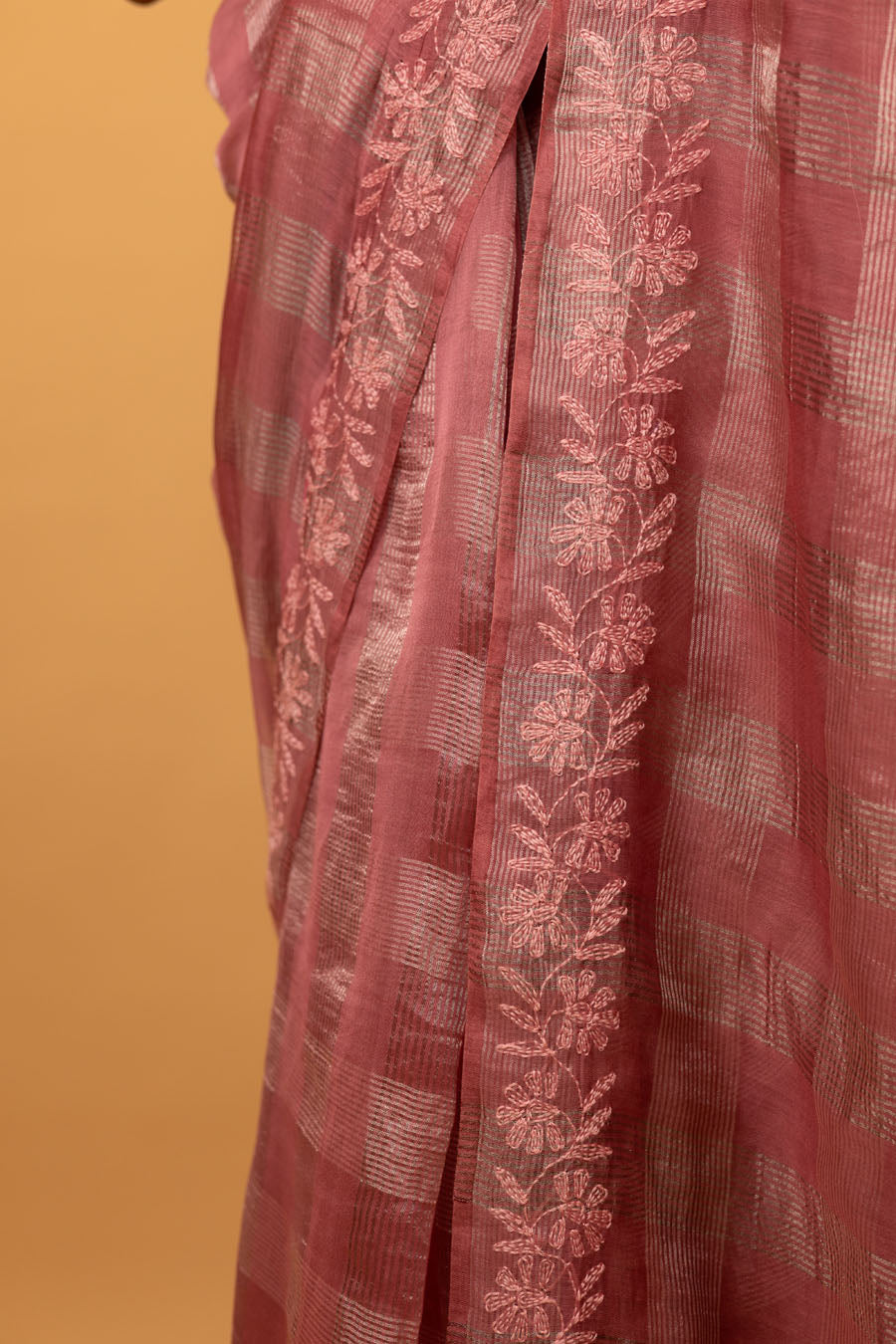 Embroidery closeup of Pink Chanderi Tissue Chikankari Saree