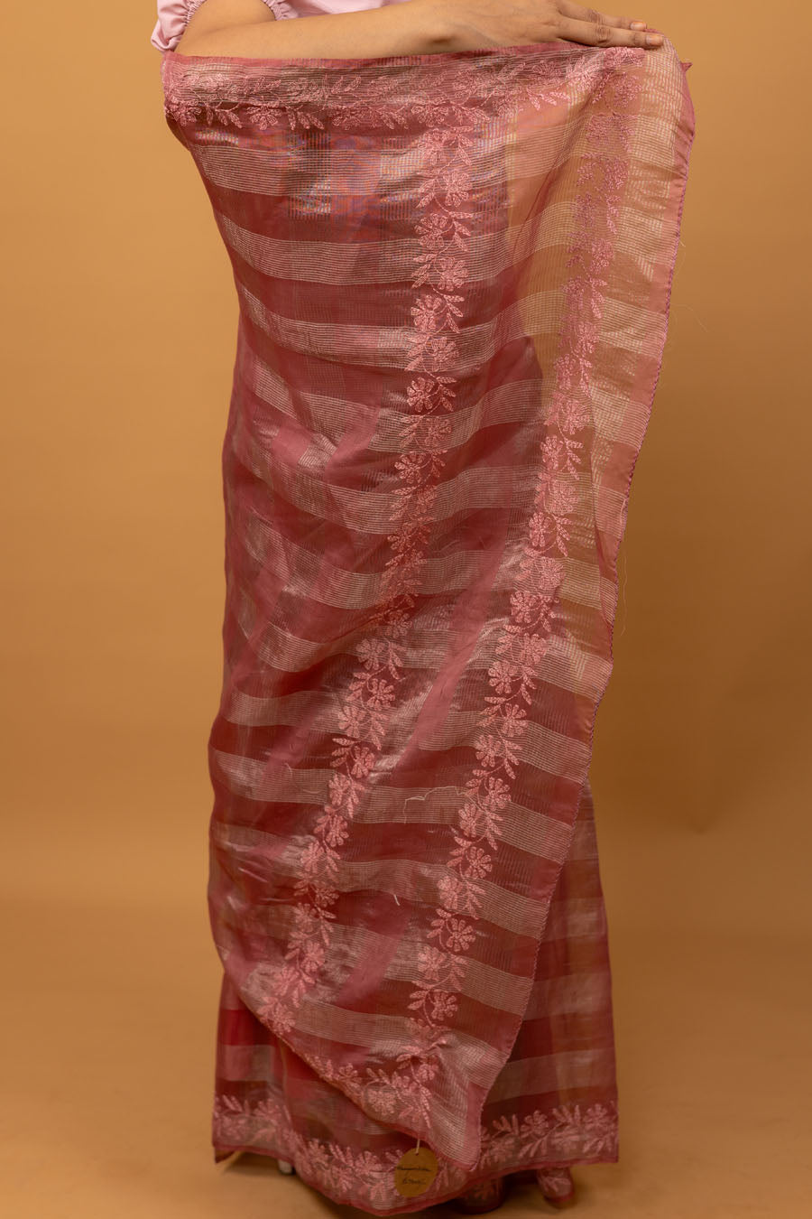 Pallu view of Pink Chanderi Tissue Chikankari Saree