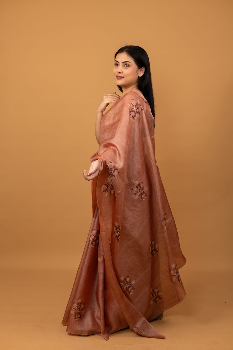 Urvashi | Peach Blossom Tussar Silk Chikankari Saree