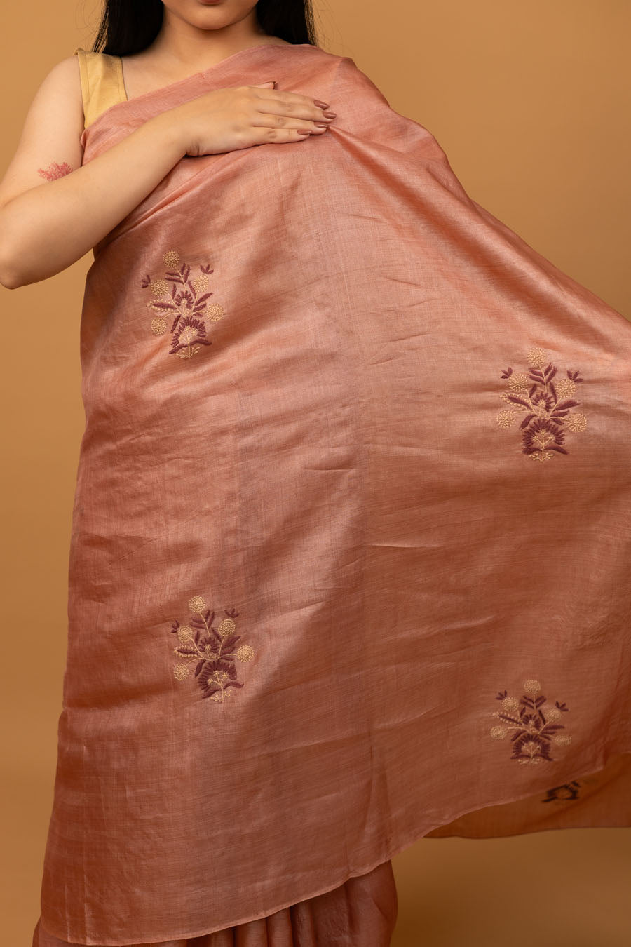 Urvashi | Peach Blossom Tussar Silk Chikankari Saree